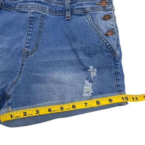 Encore Juniors Distressed Stretch Cuffed Denim Shortalls Mid Wash Blue Size 11 - Picture 11 of 15